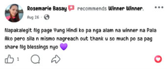 Facebook comment from a Winner Winner community member