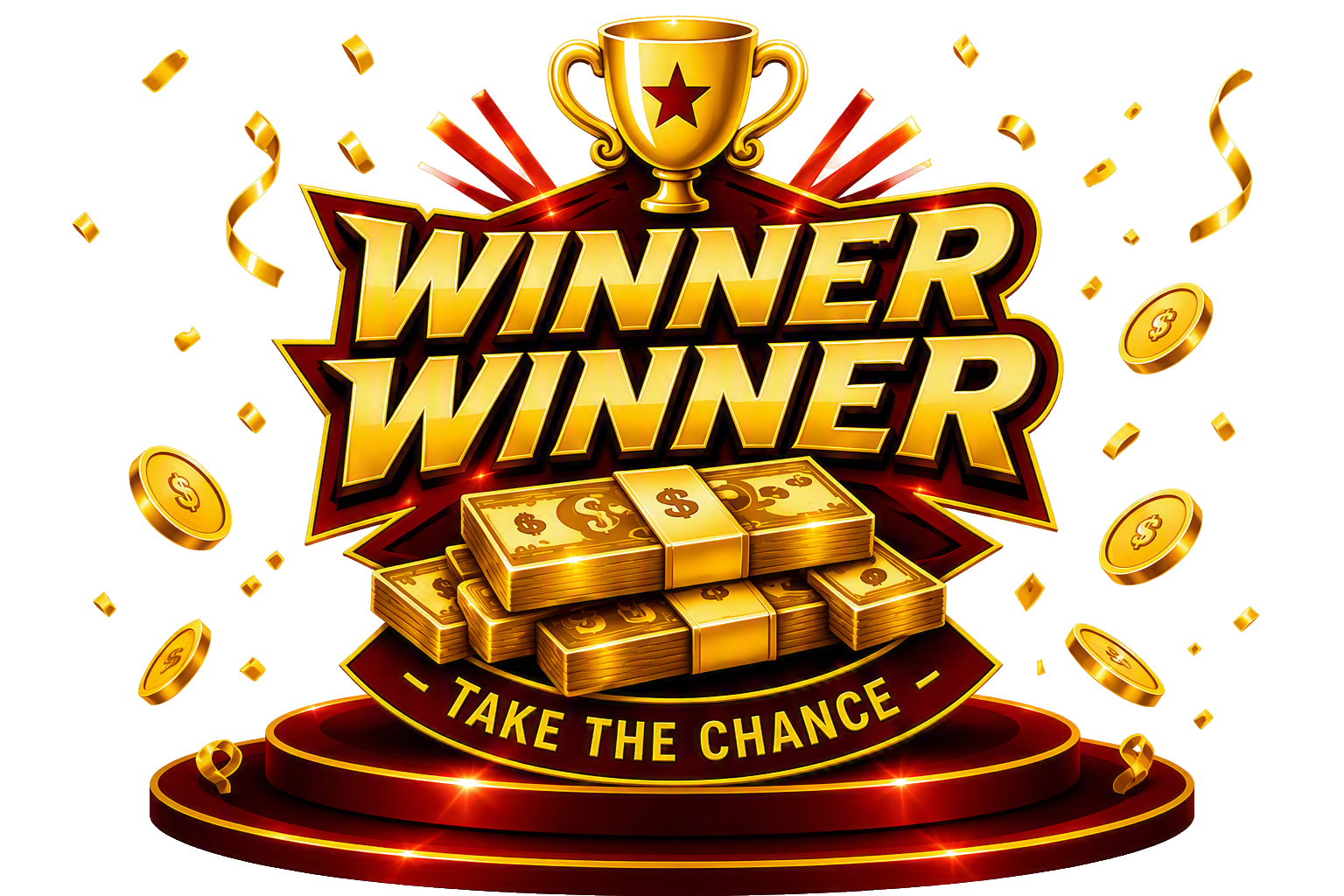 Winner Winner logo with trophy and cash prize stacks